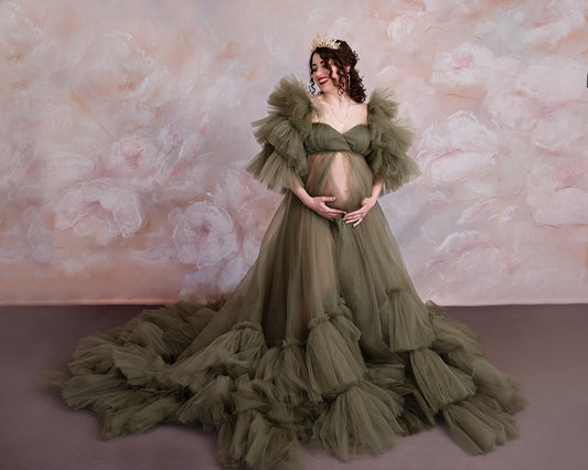 FOR HIRE / RENT tulle Maternity Photoshoot Event Dress " The Mistress" in Olive Green