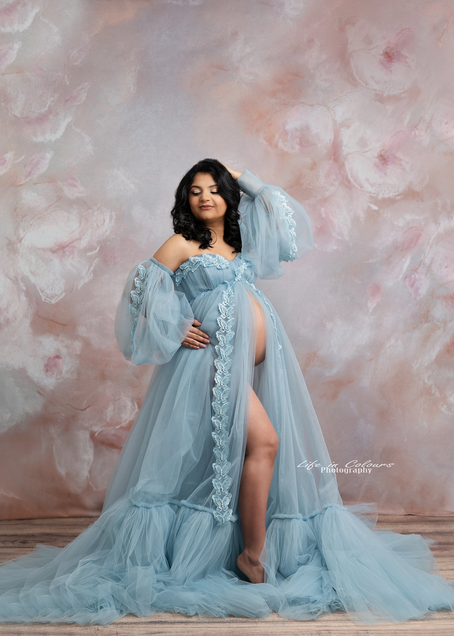 FOR HIRE / RENT tulle Blue Maternity Photoshoot Event Dress " Sky " with matching daughter dress