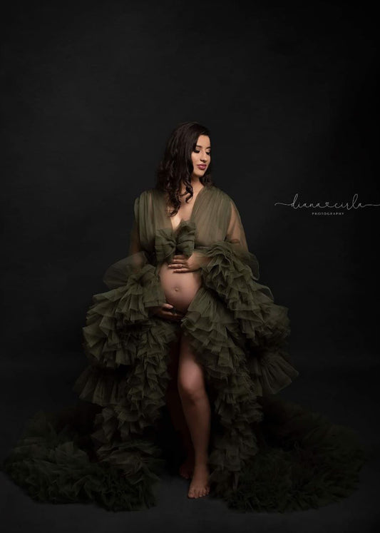 FOR HIRE / RENT tulle robe olive green Maternity Photoshoot Event Dress " The Queen "