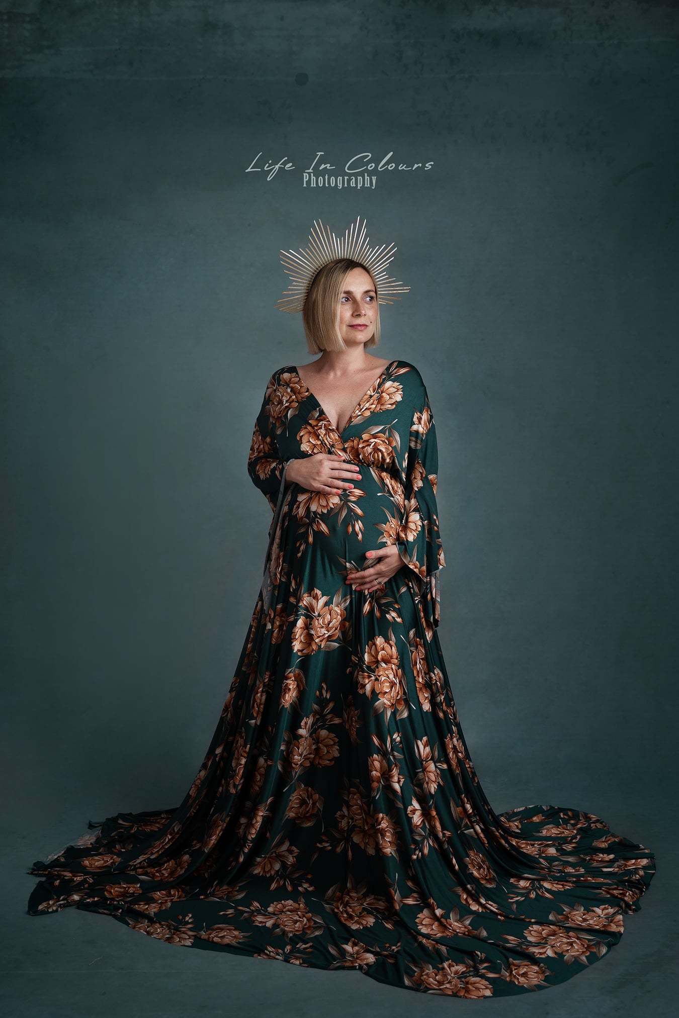 FOR HIRE / RENT elastic elegant green gold autumn leaves material Maternity Photoshoot Event Dress " Audrey "