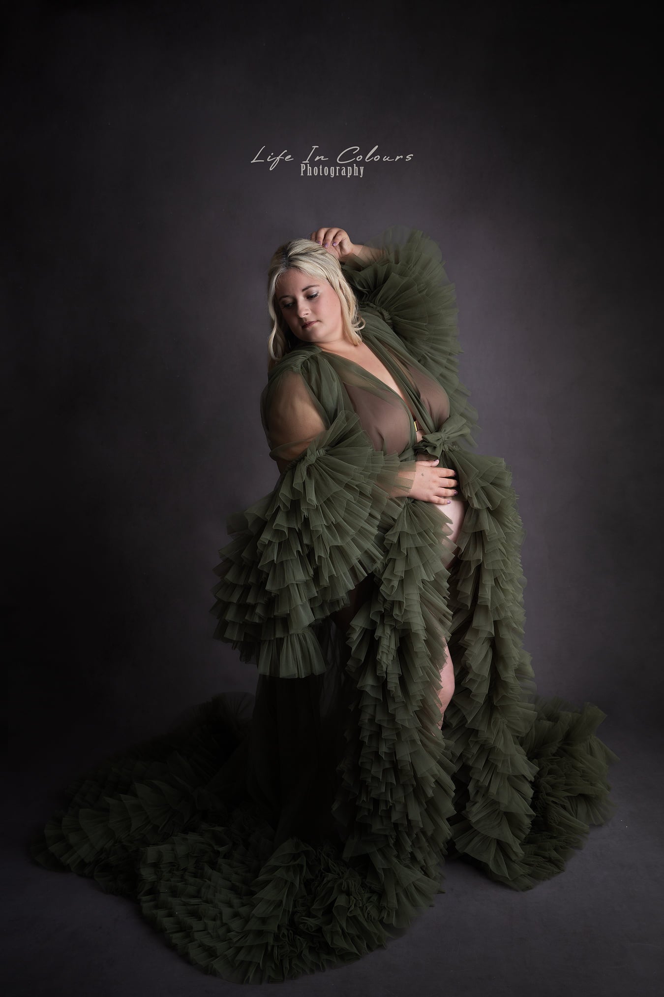 FOR HIRE / RENT tulle robe olive green Maternity Photoshoot Event Dress " The Queen "