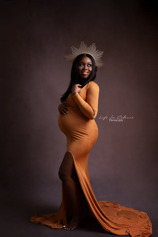 FOR HIRE / RENT elastic elegant Gold Mustard material Maternity Photoshoot Event Dress " Felicity "