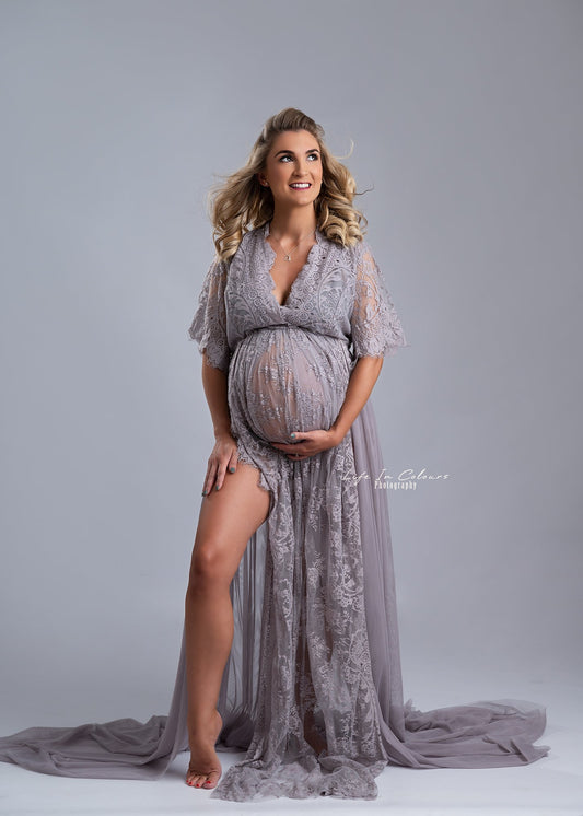 FOR HIRE / RENT elastic and lace Gray Maternity Photoshoot Event Dress " Greta "