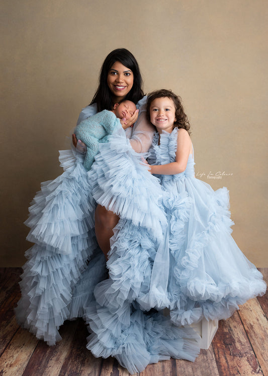 FOR HIRE / RENT tulle Blue Maternity Photoshoot Event Dress " The Queen " with matching daughter dress