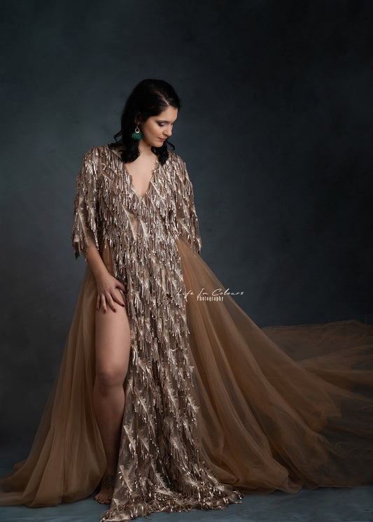 FOR HIRE / RENT tulle and embroidery Beige Sparkly Maternity Photoshoot Event Dress " Opulence "