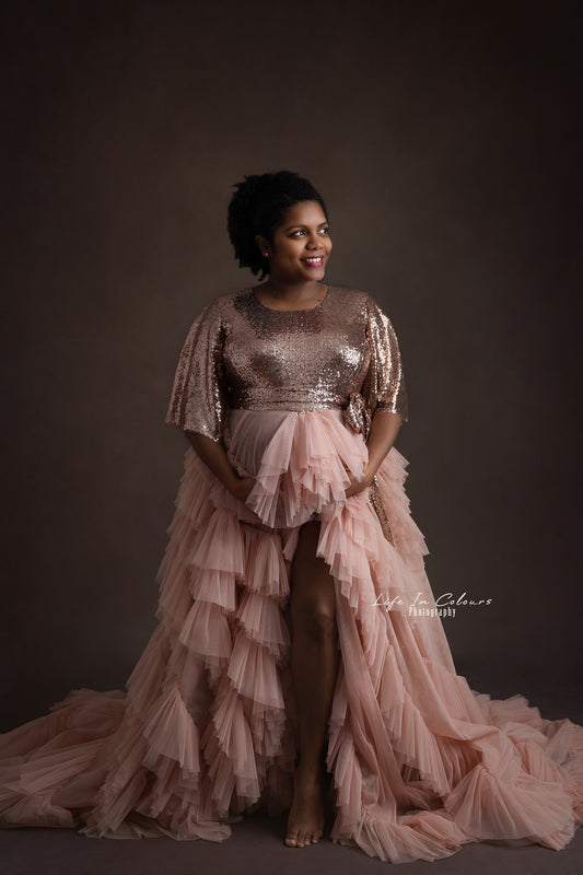 FOR HIRE / RENT soft tulle and sequin Maternity Photoshoot Event Dress " Belle " rose gold with dusty pink