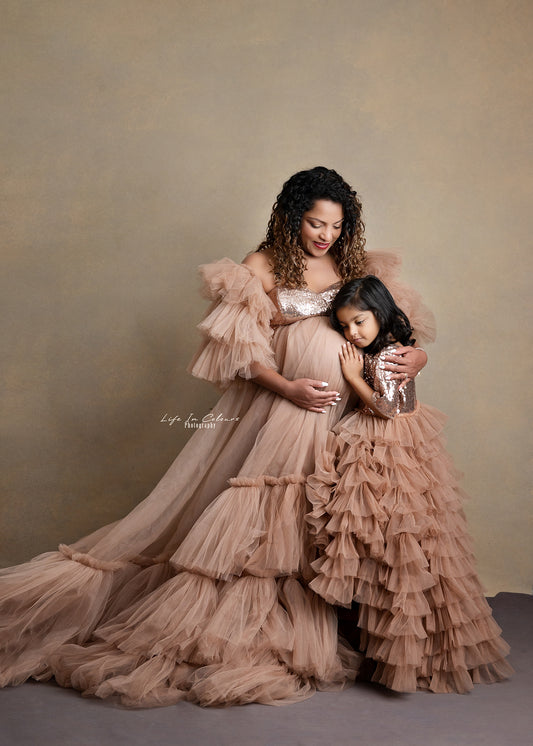 FOR HIRE / RENT tulle and sequin Maternity Photoshoot Event Dress " Sparkly Mistress " with matching daughter dress