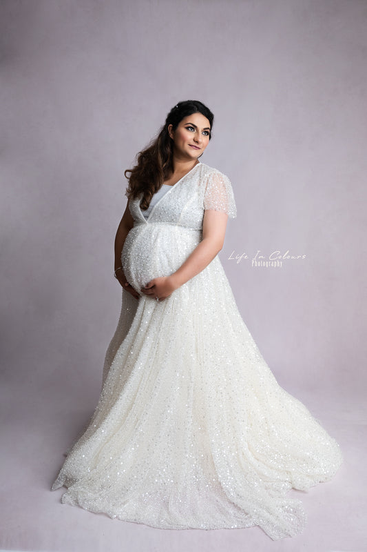 FOR HIRE / RENT sparkly white material Maternity Photoshoot Wedding Event Dress " Diana "