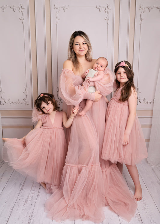 FOR HIRE / RENT tulle Dusty Pink Maternity Photoshoot Event Dress " Florals " with matching daughter dress