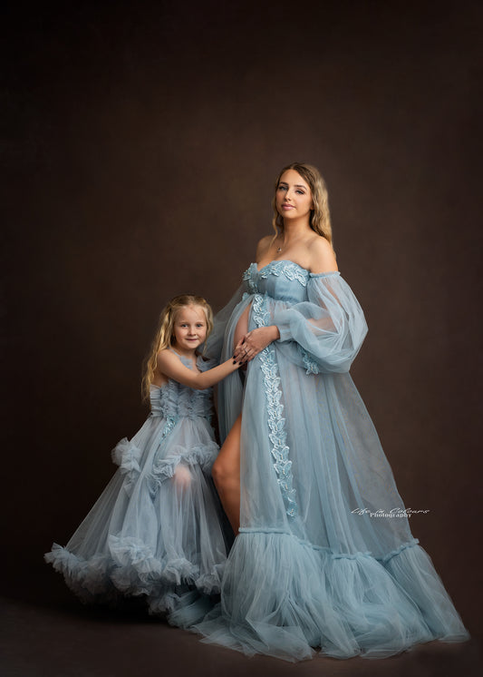 FOR HIRE / RENT tulle Blue Maternity Photoshoot Event Dress " Sky " with matching daughter dress