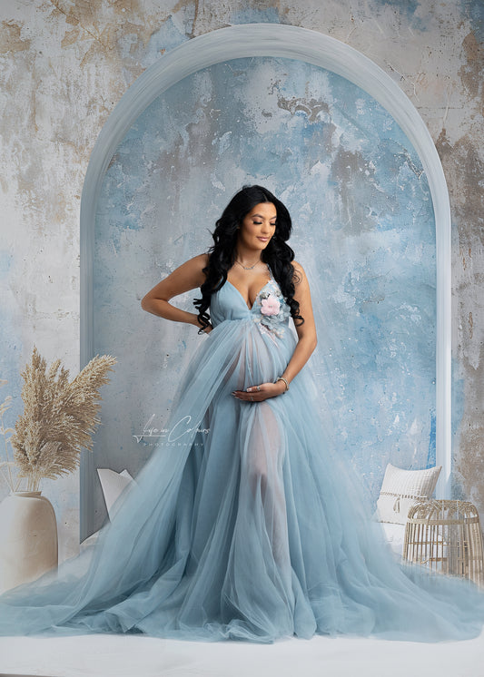 FOR HIRE / RENT elastic with embroidery blue tulle dress photoshoot event maternity " Blue Aurora"