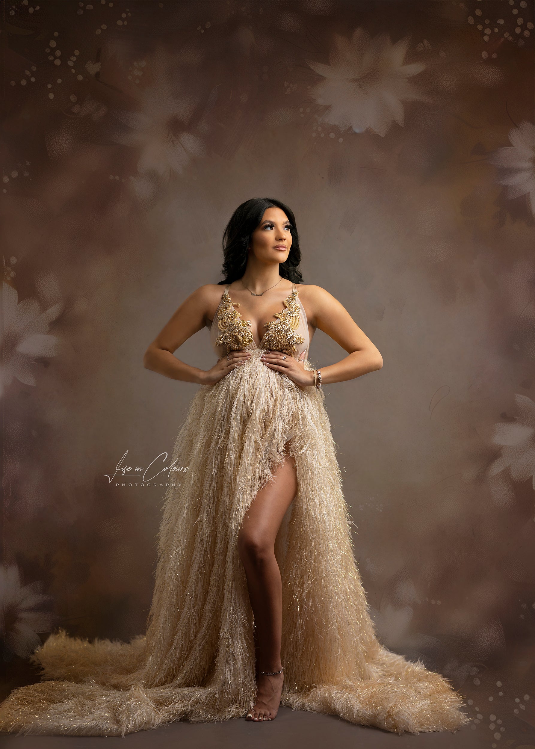 FOR HIRE / RENT elastic with Gold embroidery beige dress photoshoot event maternity 