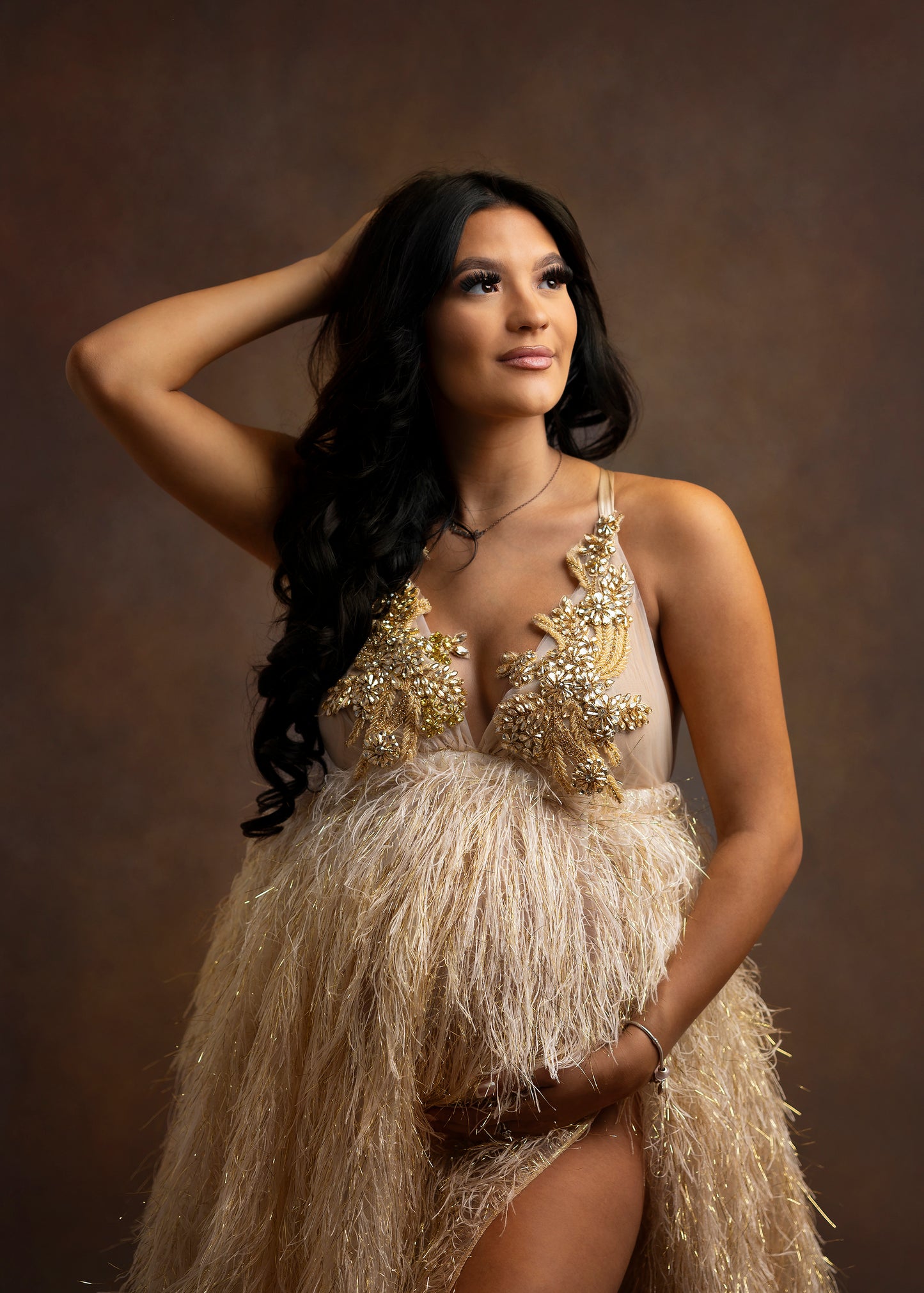 FOR HIRE / RENT elastic with Gold embroidery beige dress photoshoot event maternity " Athena"