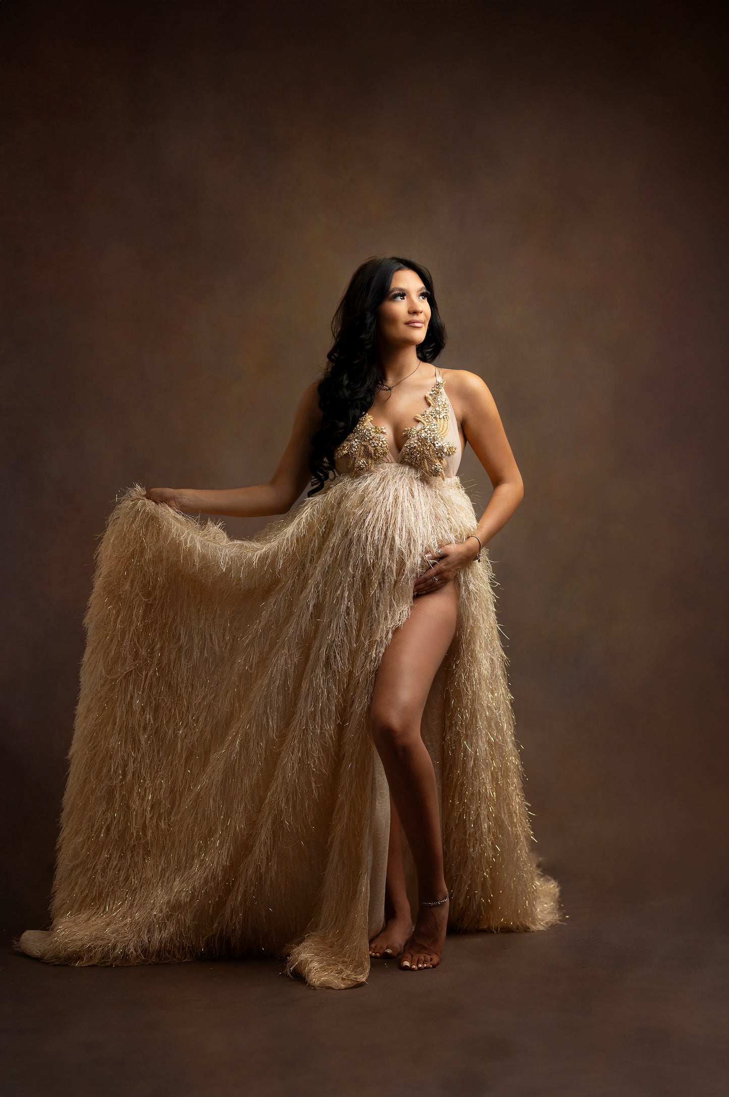 FOR HIRE / RENT elastic with Gold embroidery beige dress photoshoot event maternity " Athena"