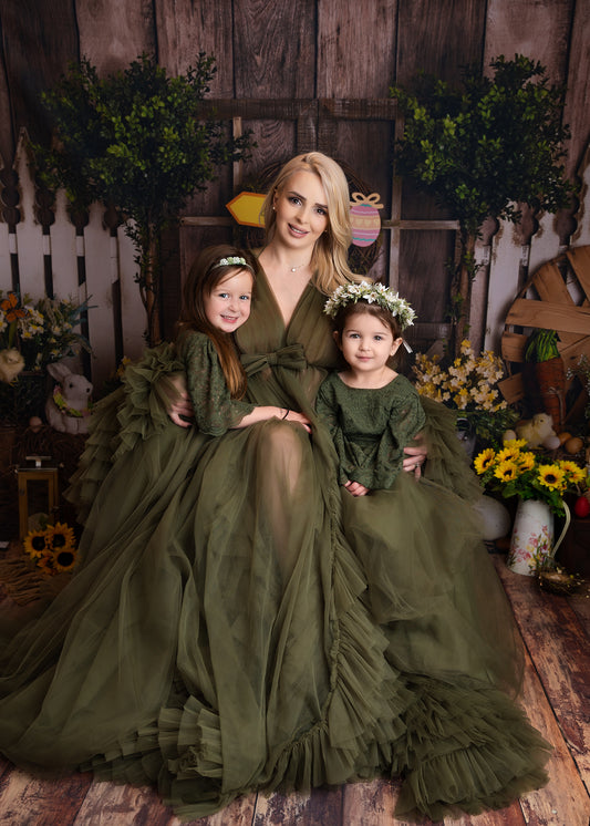 FOR HIRE / RENT tulle Olive Green Maternity Photoshoot Event Dress " The Queen " with matching daughter dress